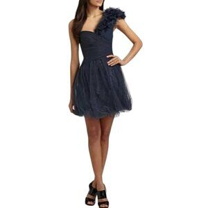 BCBG MAXAZRIA Dark Blue Grey Metallic Tulle Overlay One Shoulder Dress 6
